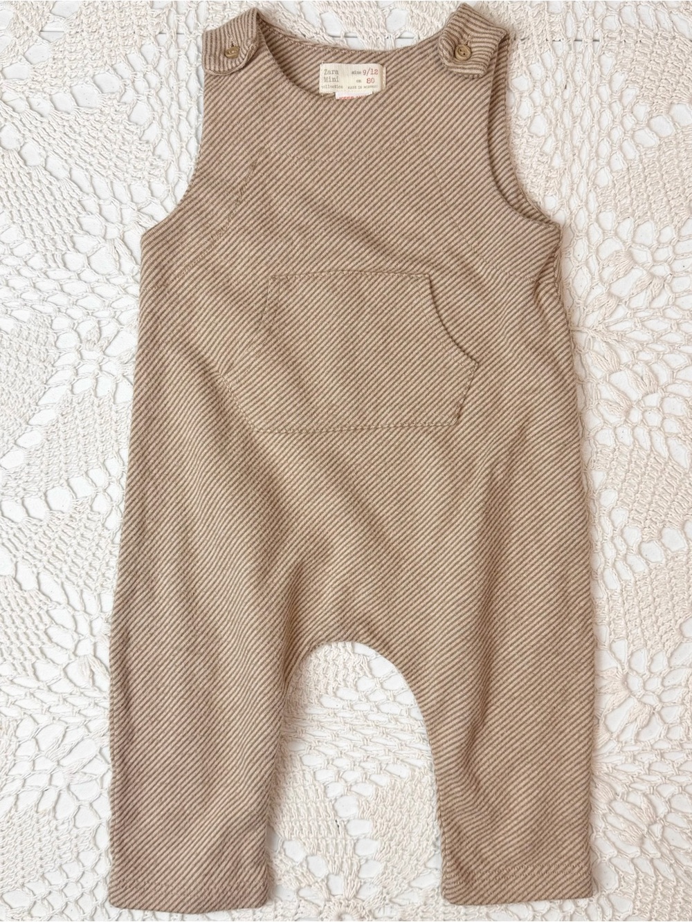 Zara Mini Baby 9-12 Months Brown Striped Overalls Jumpsuit